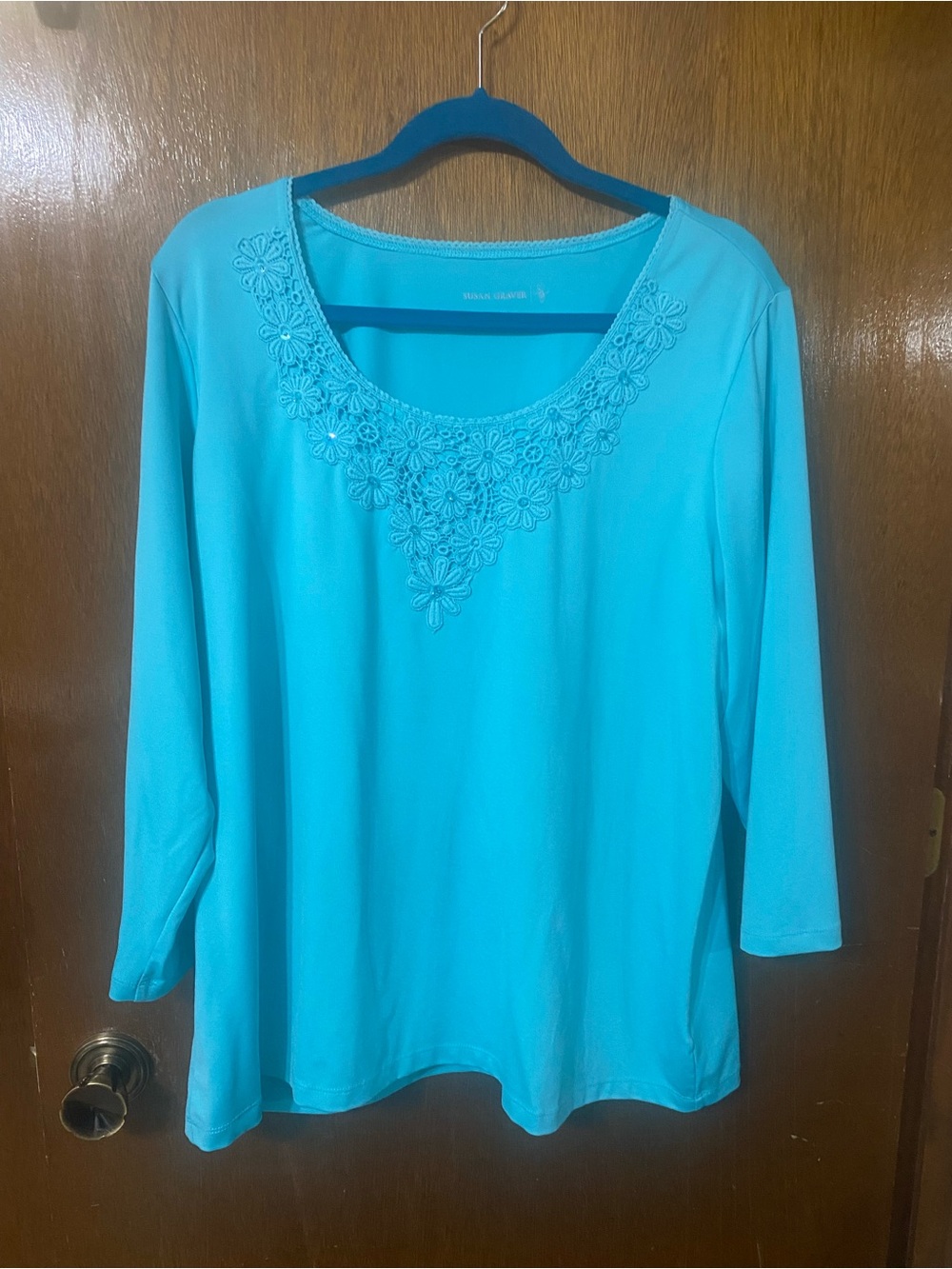 Susan Graver Turquoise Floral Applique Scoop Neck Top Size XL